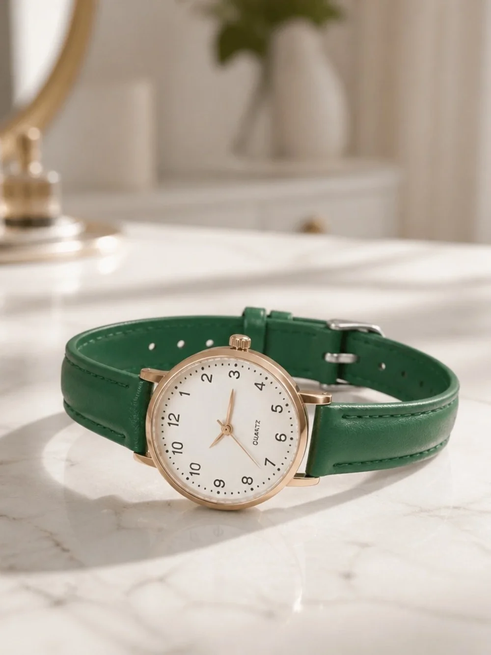 Geneva Green Leather Band w/ Gold Trim Quartz Wrist Watch Adjustable Band